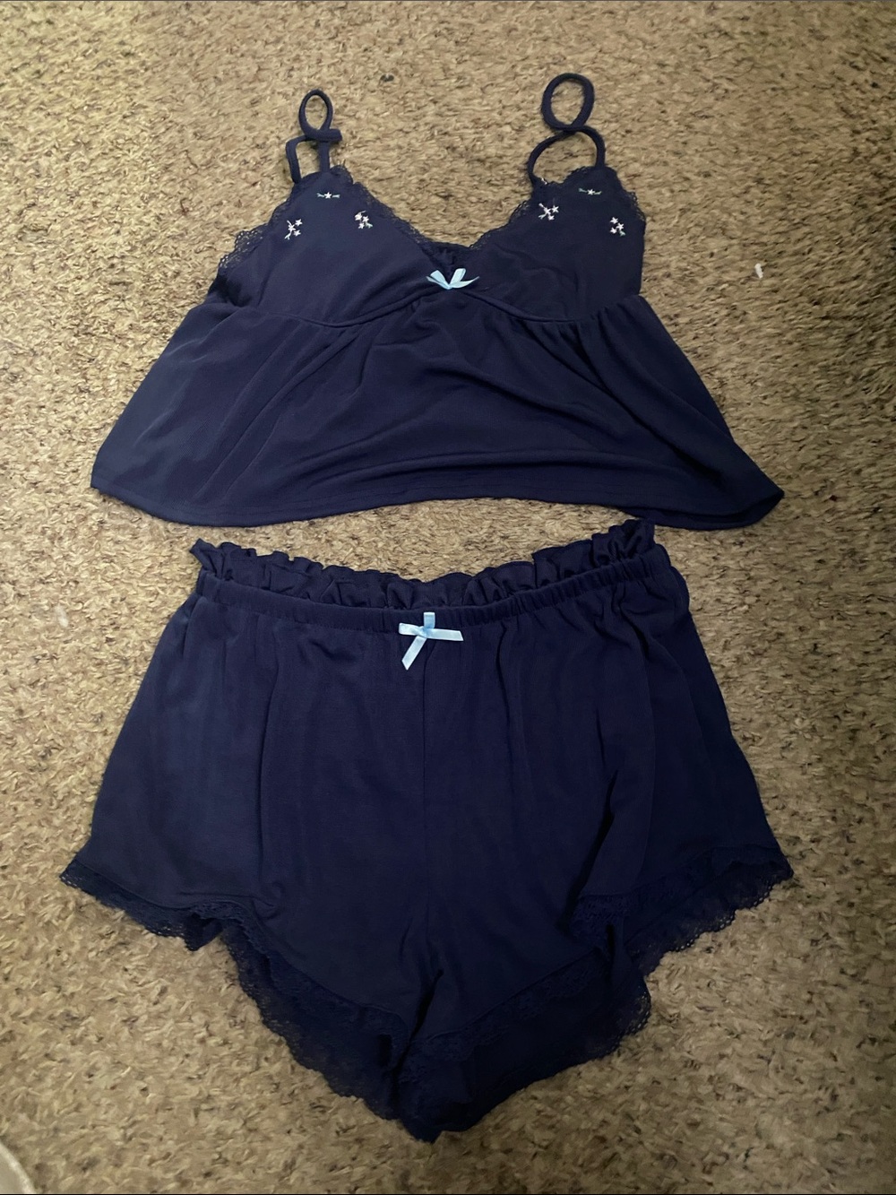 Navy Lace-Trim Cami & Ruffle Short Pajama Set NWOT